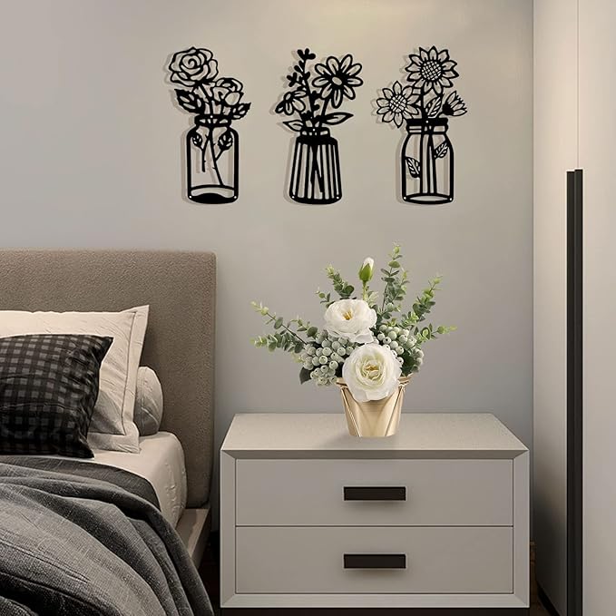 3 Pcs Metal Flower Wall Decor,Black Metal Art Wall Decor Minimalist Floral Wall Decor Multiple Flowers with Vases Sculpture Wall Hanging Decor for Bathroom Living Room Kitchen Office