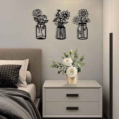 3 Pcs Metal Flower Wall Decor,Black Metal Art Wall Decor Minimalist Floral Wall Decor Multiple Flowers with Vases Sculpture Wall Hanging Decor for Bathroom Living Room Kitchen Office