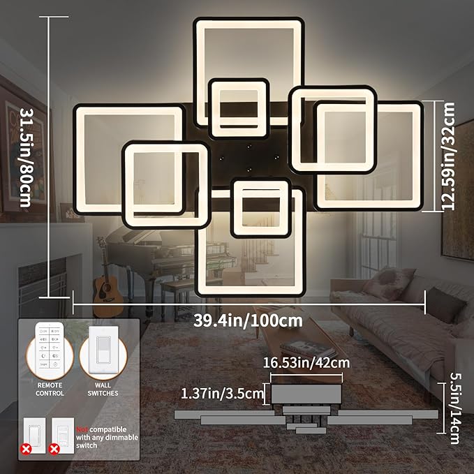 Shine LUEST Modern LED Ceiling Light, Dimmable LED Chandelier Black Flush Mount Ceiling Lights, Remote Control Acrylic Ring Ceiling Lamp Fixture for Living Room Dining Room Bedroom, 8H-FANG-BL-04