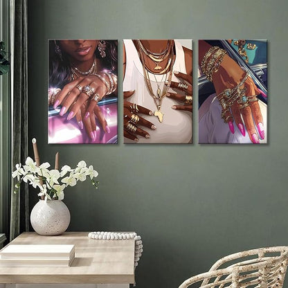 NCYEL 3Pcs Black Girls Wall Art African American Fashion Canvas Print Luxury Shiny Picture Gold Jewelry Decorative Prints Posters Bedroom Living Room Salon Artwork 12X16Inch