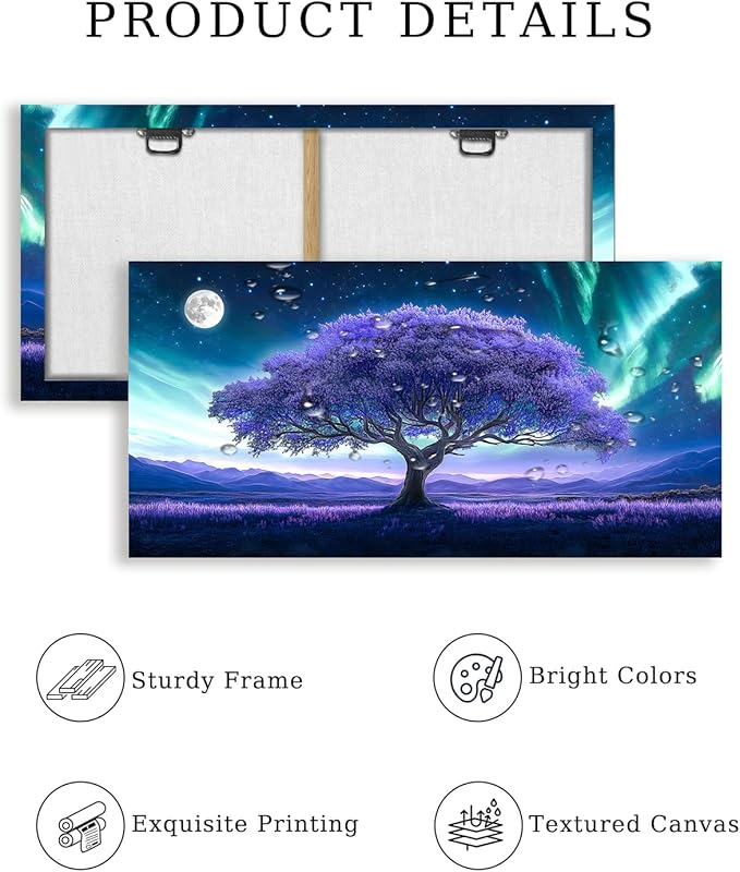 crmotu Tree of Life Large Wall Art for Living Room, Purple Tree Art Prints, Aurora Landscape Canvas Painting, Surreal Art Wall Pictures for Bedroom Bathroom, Modern Office Decor Artwork 24X48in