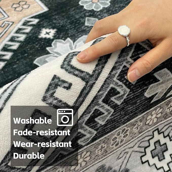 5x7 Area Rugs Black and White Washable Rug for Living Room, Dining Room, Bedroom, Large Carpets, Non Slip & Non-Shedding Low Pile Vintage Print Rug for Home Office Decor