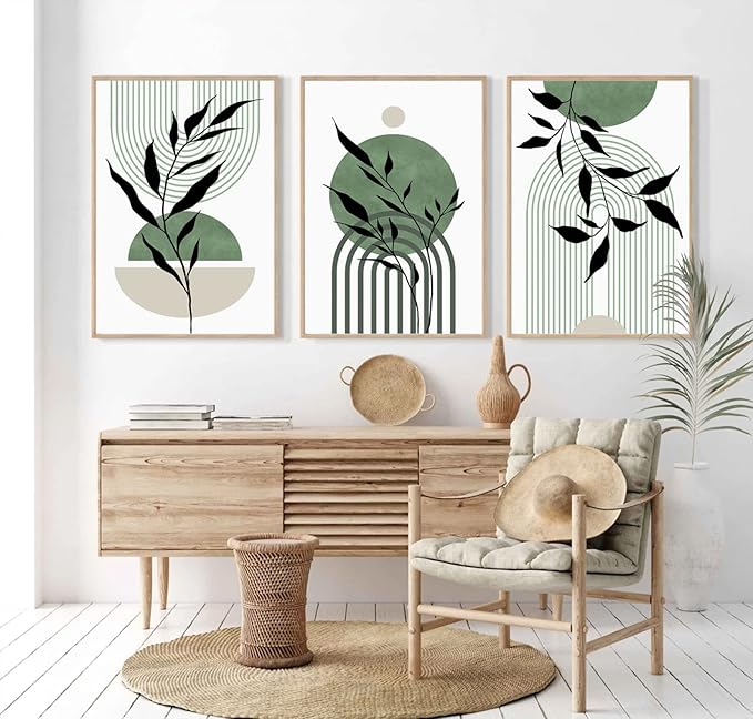 Mid Century Modern Wall Art Set of 3 Sage Green Canvas Wall Art Boho Prints Green Wall Decor Black Beige Abstract Picture Mid Century Painting for Living Room Bedroom 12x16 Inch UNFRAMED