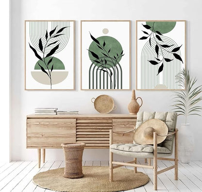 Mid Century Modern Wall Art Set of 3 Sage Green Canvas Wall Art Boho Prints Green Wall Decor Black Beige Abstract Picture Mid Century Painting for Living Room Bedroom 12x16 Inch UNFRAMED