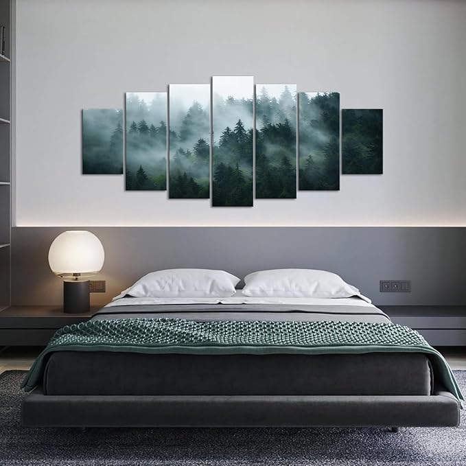 iKNOW FOTO XLarge 7 Panel Canvas Print Wall Art Misty and Fog Over Dark Mountain Forest Wilderness Nature Photography Modern Art Rustic Landscape Picture 70x32 Inches