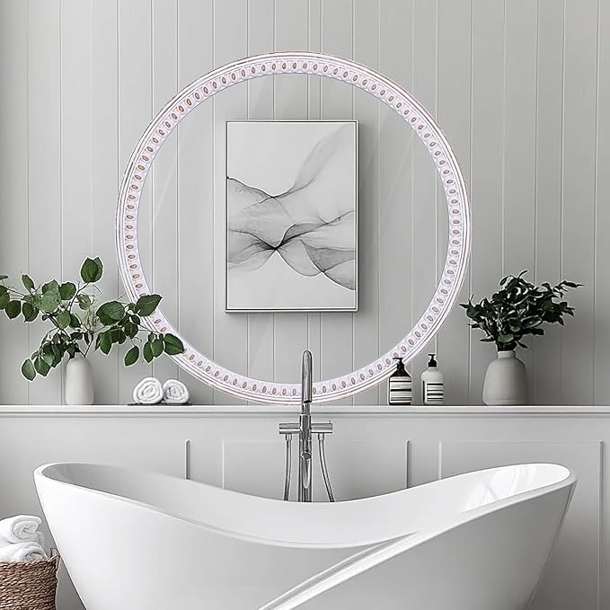 30 Inch Rustic Farmhouse Round Wood Mirror for Wall Decor, Boho Decorative Circle Mirrors for Bathroom Over Sink, Entryway, Living Room& Bedroom