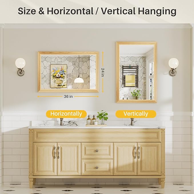 24x36 Inch Bathroom Mirror for Wall, Anti-Rust Oak Wood Grain Metal Framed Bathroom Mirrors for Over Sink,Rectangler Mirrors for Bathroom Vanity, Farmhouse, Bedroom, Living Room, Entryway Decor