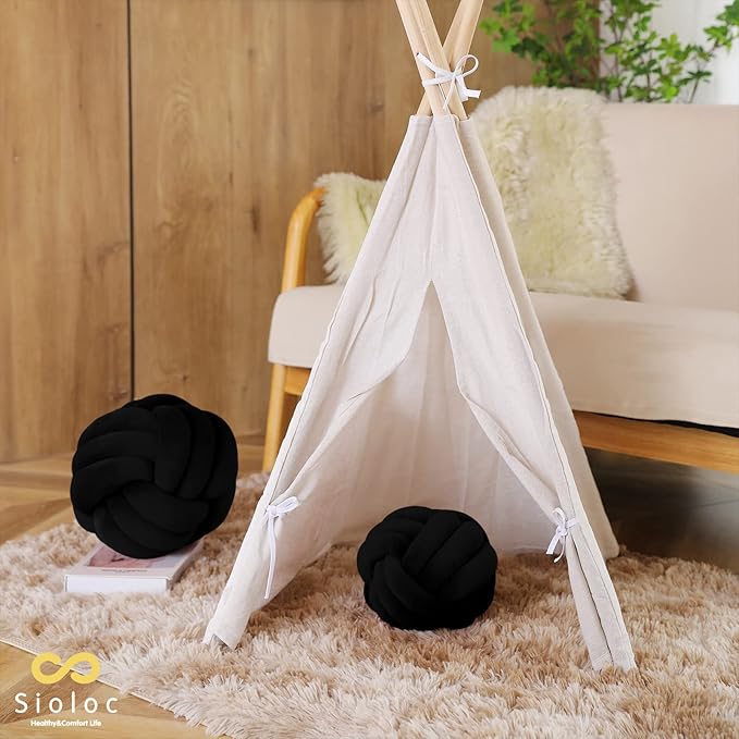 Sioloc Soft Knot Ball Pillows,Round Throw Pillow Cushion Home Decoration Plush Pillow,Throw Knotted Pillow Handmade Round Plush Pillow（10.6inches,Black）