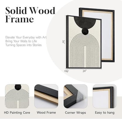 Large Framed Boho Abstract Wall Art for Living Room, 3 Piece Black and White Modern Minimalist Canvas Artwork for Walls, Bauhaus Geometric Prints Wall Decor for Bedroom Home Office Hallway, 24x36 Inch