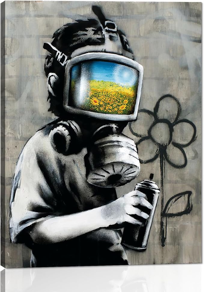 Yatsen Bridge Classic BANKSY Canvas Sunflower Field Mask Wall Art Print Street Graffiti Printable Painting Home Decor Posters Stretched and Framed Ready to Hang - 12x16 inch