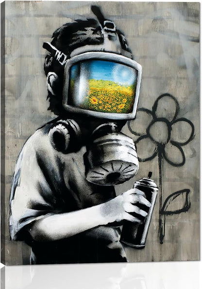 Yatsen Bridge Classic BANKSY Canvas Sunflower Field Mask Wall Art Print Street Graffiti Printable Painting Home Decor Posters Stretched and Framed Ready to Hang - 12x16 inch