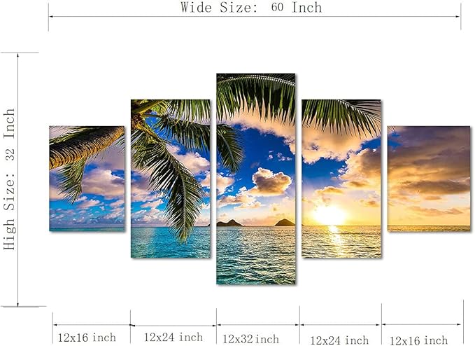 Beach Wall Art Modern Seascape Wall Pictures Sunrise Poster Ocean Artwork Ocean Pictures HD Print on Canvas Modern Home Office Decor for Living Room Bedroom Bathroom Wall Decoration Framed Ready to Hang - 60''W x 32''H