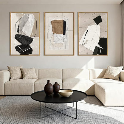 ANHUIB Large Abstract Wall Art Canvas,Black Beige Artwork,Neutral Modern Framed Wall Art, Minimalist Geometric Painting,24x36 Inches Set of 3 for Living Room Bedroom