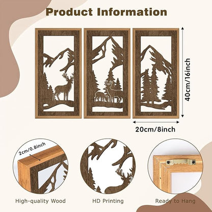 HPNIUB 3PCS Jungle Animals Wall Decor,Rustic Mountain Forest Wooden Sign for Living Room,Vintage Abstract Deer Pine Trees Hanging Wood Plaque Wall Art Nature Wall Sculpture for Home Office(8x16Inch)