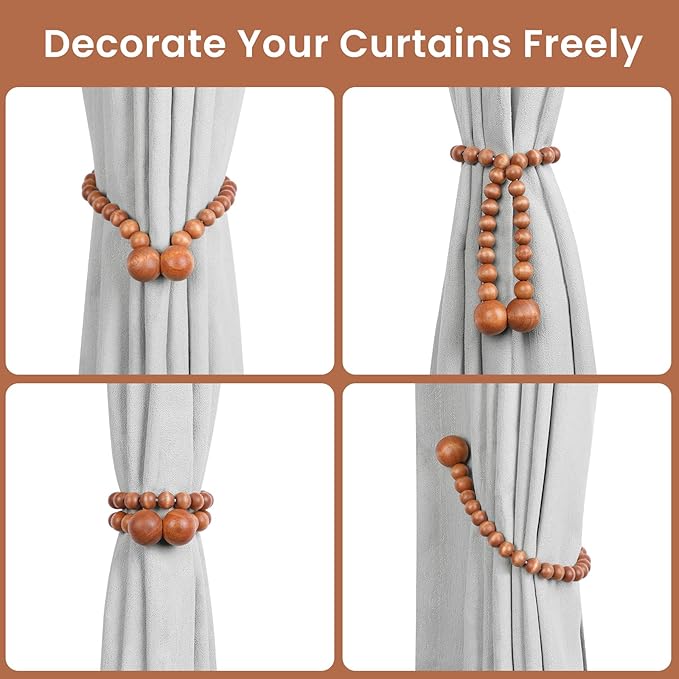 KLOGTSIND Magnetic Curtain Tiebacks, Curtain Tie Backs for Curtains 6 Pack, Wood Bead Curtain Tiebacks, Curtain Holders for Boho Bedroom Decor, Baby Nursery Decor, Farmhouse Decor