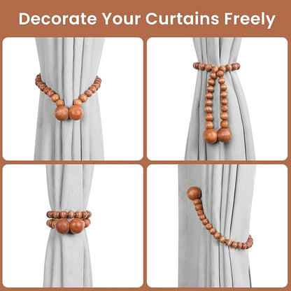 KLOGTSIND Magnetic Curtain Tiebacks, Curtain Tie Backs for Curtains 6 Pack, Wood Bead Curtain Tiebacks, Curtain Holders for Boho Bedroom Decor, Baby Nursery Decor, Farmhouse Decor