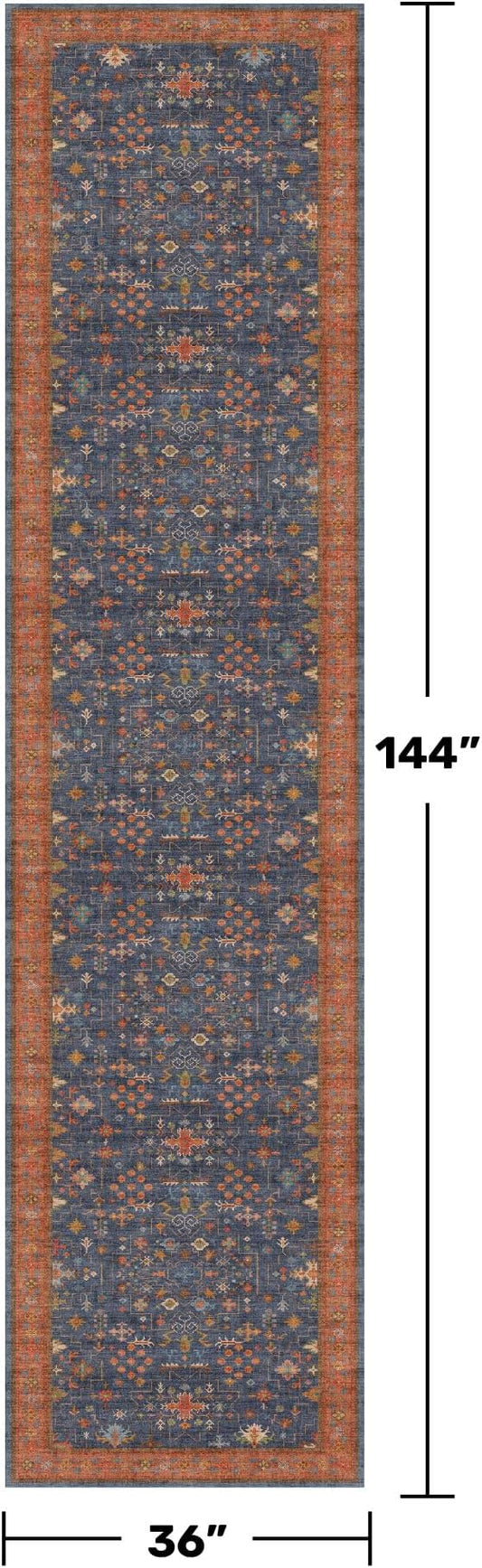 Washable 12 ft Long Runner for Hallway - Navy Blue Kitchen Floor Runner Rug, Pet Friendly Vintage Non Slip with Rubber Backing, Stain Resistant Laundry Room Rug (3x12 Navy Blue & Terracotta)