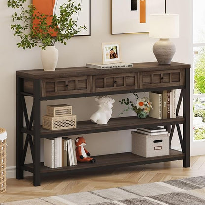 FATORRI Console Table with Storage for Entryway, Rustic Sofa Table with 3 Drawers for Living Room, Farmhouse Hallway Tables and Couch Tables Behind Sofa (54.72 Inch Long, Walnut Brown)