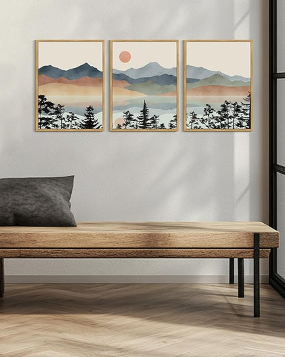 Drsoum Mountain Range Landscape Wall Art Framed Ink Wash Watercolor Nature Wall Decor Laker Sun Rises Prints Bedroom Living Room Ready to Hang 12x16in Natural Framed