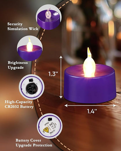 merrynights Purple LED Candles, 24 Pack Tea Lights Candles Battery Operated, Flameless Tealight Candle, Realistic Tea Lights for Halloween Christmas Party Decor Mardi Gras