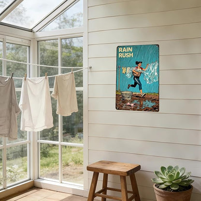 Rain Rush Laundry Vintage Tin Sign Funny Sarcastic Retro Housewife Design Mom Laundry Room Wall Decor 12x8 Inch