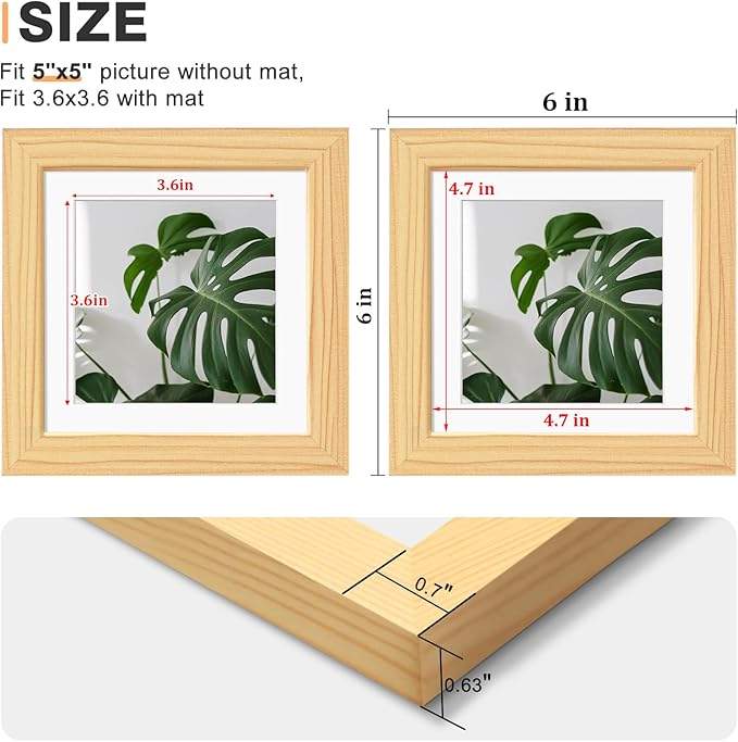 Egofine 5x5 Picture Frames Set of 4, Made of Solid Wood Covered by Plexiglass Display 4x4 with Mat or 5x5 without Mat, for Table Top Display and Wall Mounting Photo Frame, Natural Wood