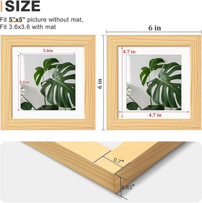 Egofine 5x5 Picture Frames Set of 4, Made of Solid Wood Covered by Plexiglass Display 4x4 with Mat or 5x5 without Mat, for Table Top Display and Wall Mounting Photo Frame, Natural Wood