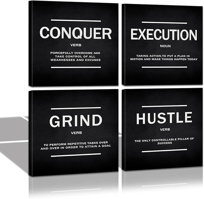 KAWAHONE Grind Hustle Execution Quotes Framed Wall Art,Success Canvas Print Office Decor Inspiring Framed Prints Inspirational Quotes for Wall Art Decoration Ready to Hang(4pcs)