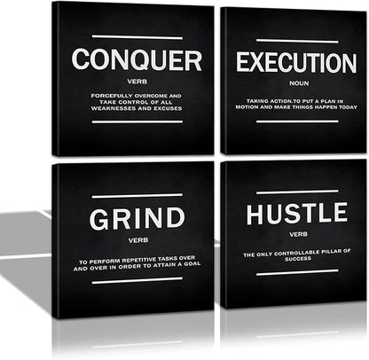 KAWAHONE Grind Hustle Execution Quotes Framed Wall Art,Success Canvas Print Office Decor Inspiring Framed Prints Inspirational Quotes for Wall Art Decoration Ready to Hang(4pcs)