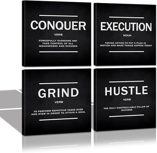 KAWAHONE Grind Hustle Execution Quotes Framed Wall Art,Success Canvas Print Office Decor Inspiring Framed Prints Inspirational Quotes for Wall Art Decoration Ready to Hang(4pcs)