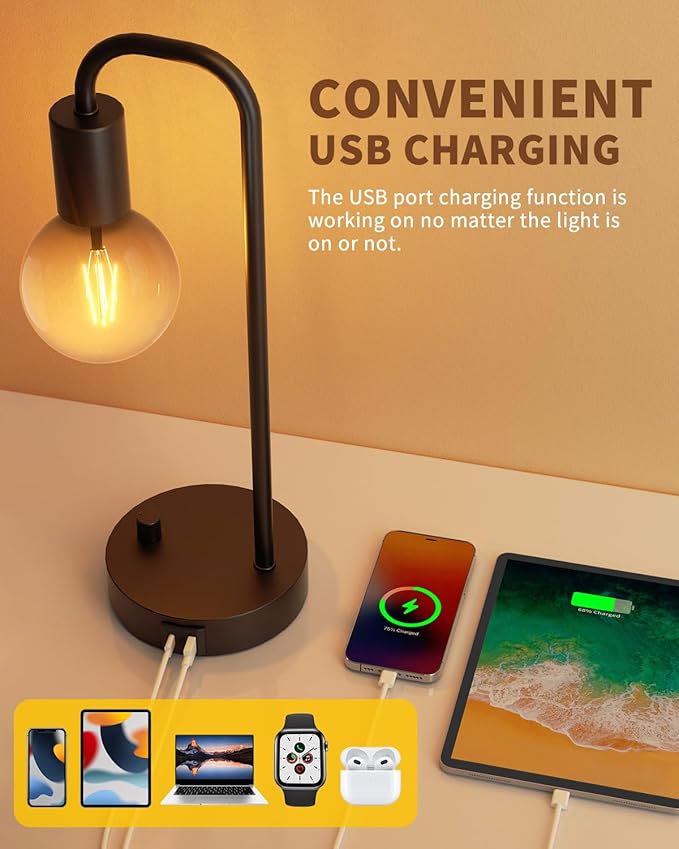 ONEWISH Industrial Table Lamp with 2 USB Port, Fully Dimmable Nightstand Bedside Lamps for Bedroom,Desk Lamps with 2700K Black Gradient Bulb for Reading Living Room,Office