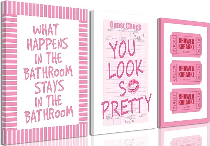 JBZDD 3Pcs Framed Preppy Pink Bathroom Wall Art Set, Funny Guest Check & Shower Karaoke Stamp Canvas Posters, Trendy Indie Pop Room Decor for Women Powder Room Restroom 12x16in