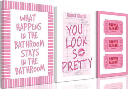 JBZDD 3Pcs Framed Preppy Pink Bathroom Wall Art Set, Funny Guest Check & Shower Karaoke Stamp Canvas Posters, Trendy Indie Pop Room Decor for Women Powder Room Restroom 12x16in