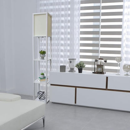 Simple Designs LF1014-WHT-LB Three Shelf Etagere Organizer Storage Floor Lamp with White Linen Shade for Living Room, Bedroom, Office, Hallway, White, with Feit LED Bulb Included