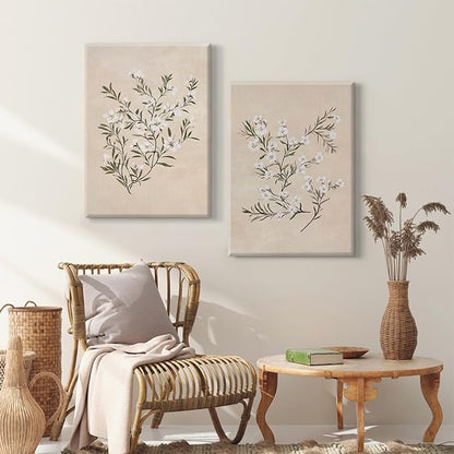Vintage Botanical Wall Art Neutral Floral Prints Farmhouse Flower Canvas Wall Decor Watercolor Wildflower Pictures Nature Minimalist Artwork for Living Room Bedroom 16x24 Inch Wrapped Canvas Set of 2