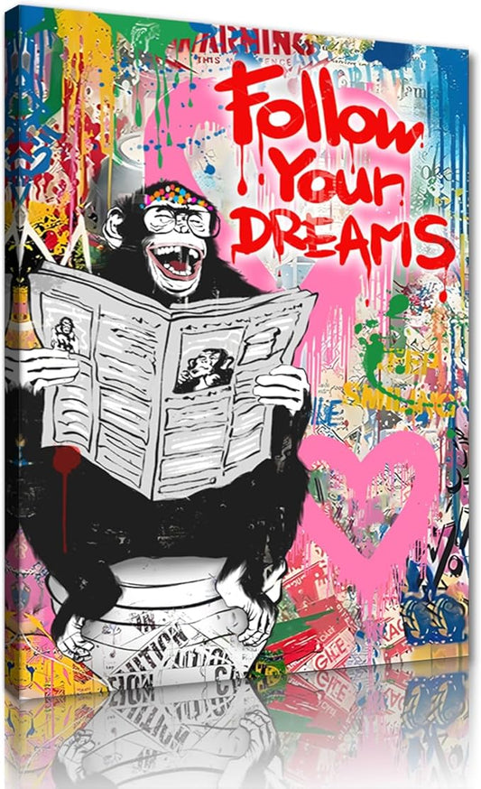Banksy Art Wall Decor for Men Street Graffiti Canvas Wall Art Monkey on Toilet Painting Prints Follow Your Dreams Framed Artwork for Living Room Bedroom Office Decoration 18x24inch