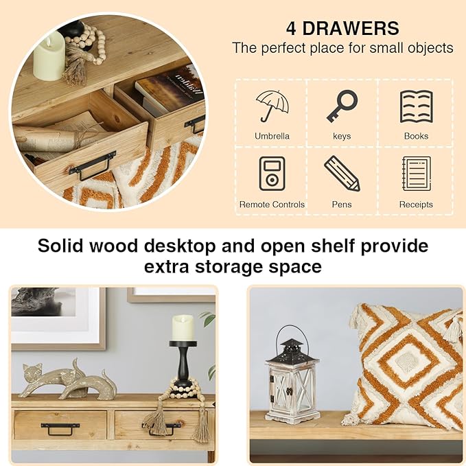 RUSTOWN Farmhouse Console Table with 4 Drawer, 60" Long Rustic Entryway Table with Open Storage Shelves and Handmade Metal Handle, Narrow Foyer Sofa Table for Living Room, Entryway, Hallway(Natural)