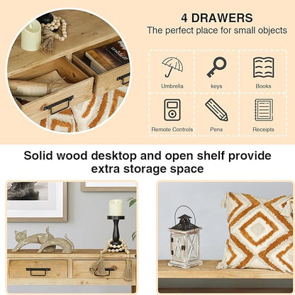 RUSTOWN Farmhouse Console Table with 4 Drawer, 60" Long Rustic Entryway Table with Open Storage Shelves and Handmade Metal Handle, Narrow Foyer Sofa Table for Living Room, Entryway, Hallway(Natural)