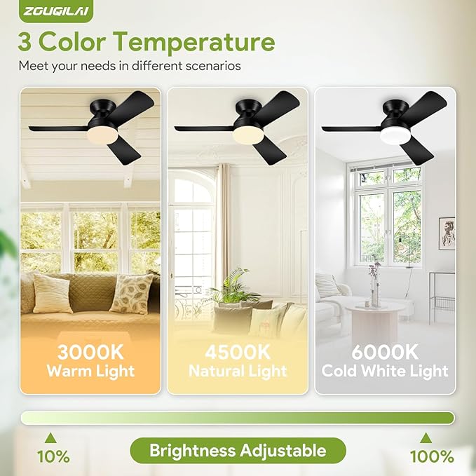 35" Black Ceiling Fans with Lights and Remote, Low Profile Ceiling Fan with Light, Reversible DC Motors, 3CCT Dimmable Timer Noiseless, Flush Mount Ceiling Fan for Bedroom/Living Room