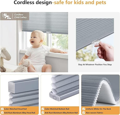 LazBlinds Cordless Cellular Shades, Light Filtering Room Darkening Custom Cut to Size Honeycomb Shades Thermal Insulation Noise Reduction Blinds for Windows, Dark Grey
