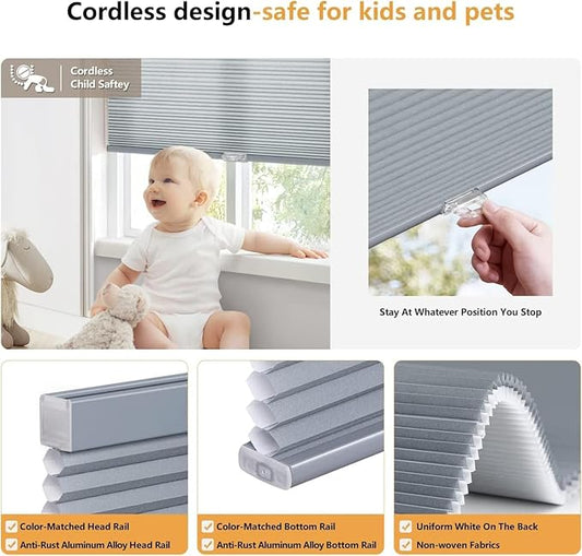 LazBlinds Cordless Cellular Shades, Light Filtering Room Darkening Custom Cut to Size Honeycomb Shades Thermal Insulation Noise Reduction Blinds for Windows, Dark Grey