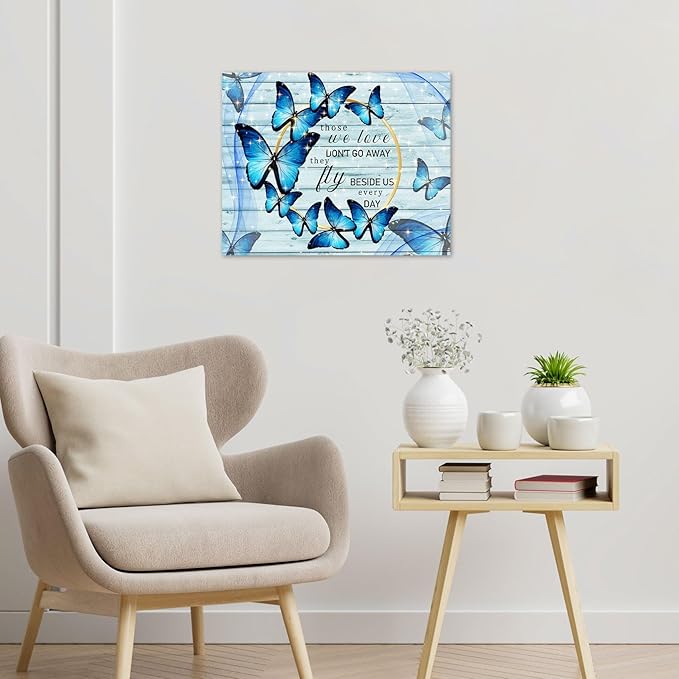 LB Farmhouse Blue Butterfly Wall Art Rustic Wood Board Inspirational Quote Canvas Wall Art Modern Aesthetic Wall Decor for Bedroom Living Room Bathroom Framed Ready to Hang 12L x 12W