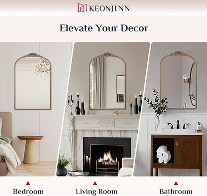 Keonjinn Vintage Mirror Gold 24" x 36", Arched Decorative Mirrors for Wall Decor, Antique Mirrors Bathroom, Ornate Baroque Brass Mirror for Mantle, Entryway, Living Room, French Cleat Mounting