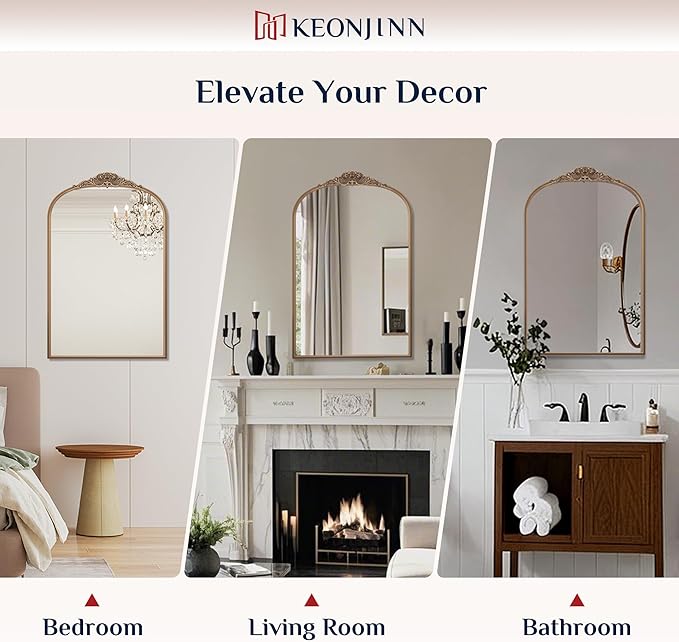 Keonjinn Gold Vintage Mirror 30" x 36", Antique Brass Mirrors for Wall Decor, Arched Decorative Mirror for Mantle, Hallway, Living Room, Fireplace, Bedroom, Bathroom Mirror with French Cleat Mounting