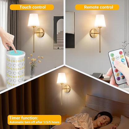 Vimhou Peel and Stick Wall Sconces, Stick On Wall Sconce Set of 2, Battery Operated Wireless Wall Light, No Drill Adhesive Wall Lamp, Corn Bulb with 10000mAh Rechargeable Battery, Bedroom Wall Decor