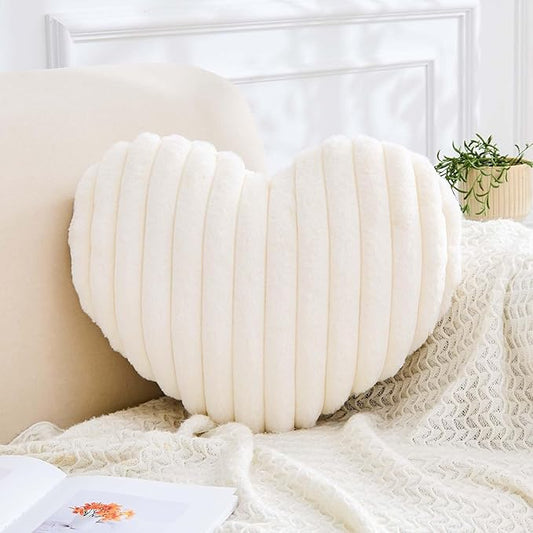XVTRU Heart Pillows Heart Decorative Pillow Soft Fluffy Heart Shaped Ivory Throw Pillows with Faux Rabbit Fur Aesthetic Room Decor Cute Small Pillow for Valentines Mother's Day