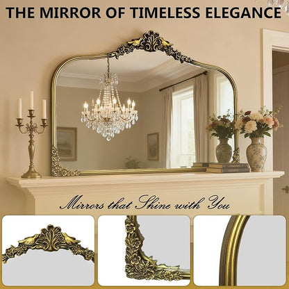 Antique Baroque Vintage Vanity Mirror 25x36Inch, Gold with Ornate Antique Frame, Arched Vintage Wall Mirror for Living Room, Fireplace, Entryway
