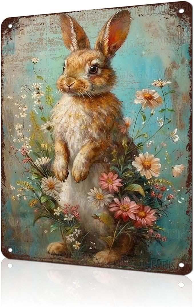 Vintage Easter Decor Farmhouse Rabbit Metal Sign Floral Design Rustic Wall Art For Home Kitchen Cafe Country Style Aluminum Plaque 12x16Inch