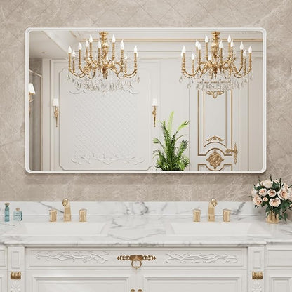 LOAAO 60x28 Inch White Metal Framed Bathroom Mirror for Wall, White Bathroom Vanity Mirror Farmhouse, Large Rounded Rectangle Mirror, Anti-Rust, Tempered Glass, Hangs Horizontally or Vertically