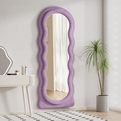 Dewfig Wavy Full Length Mirror with Stand, 63" x 24" Irregular Floor Mirror, Large Floor Length Mirror, Freestanding/Leaning/Wall Mounted, Flannel Wrapped Wooden Frame for Bedroom/Living Room, Purple